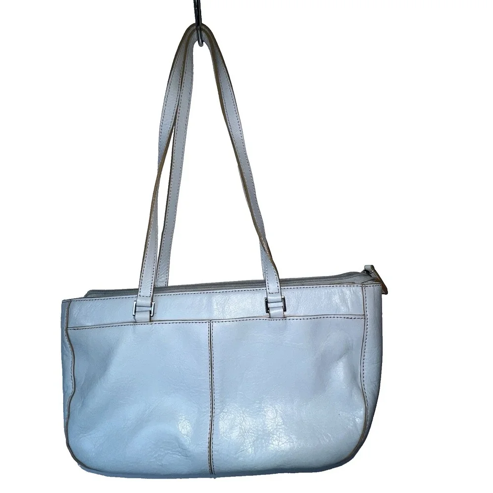 Etienne Light Blue Leather Shoulder Bag Zip Closure Dividers Pockets